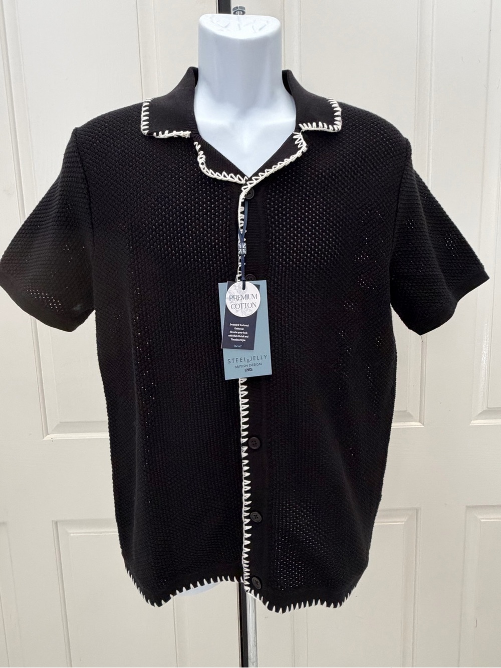 Steel & Jelly Black w/White Trim Short-Sleeve Crochet Knit Button-Up Shirt Sz S